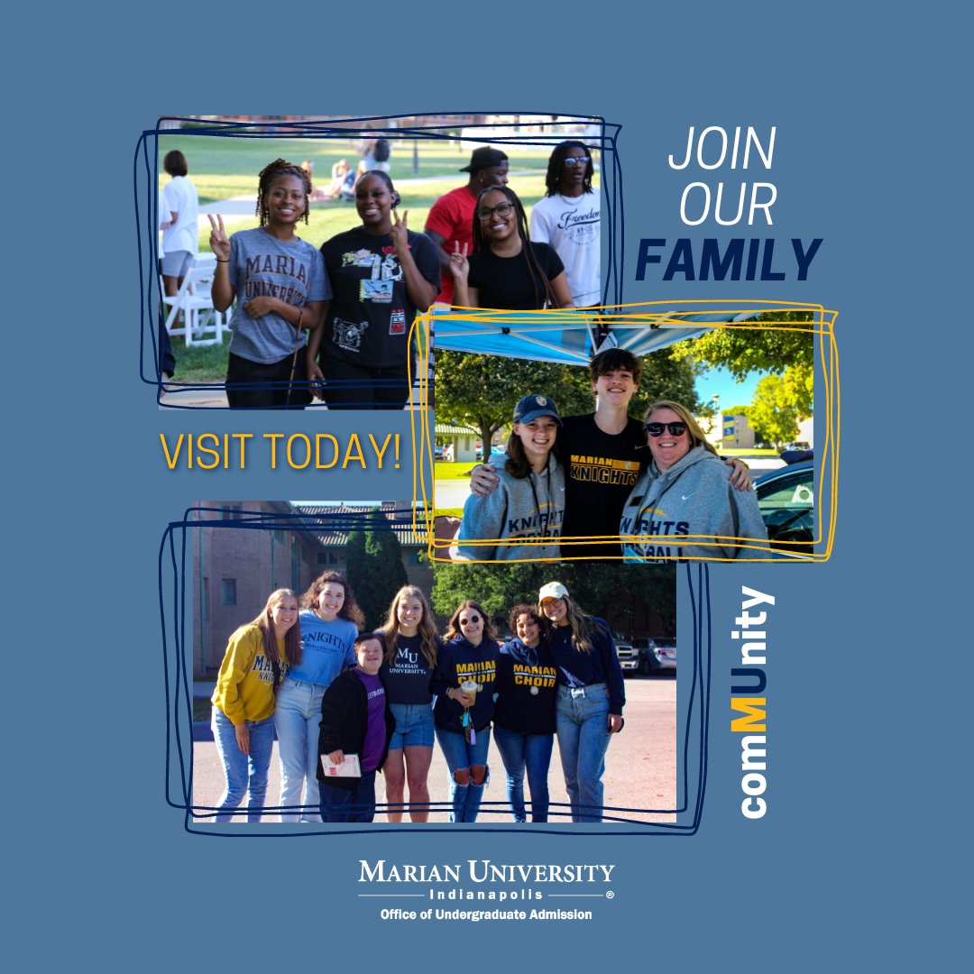 We want YOU to join our family!

When you visit campus, you will have the opportunity to meet with an admission counselor, take a walking tour of campus, and have all of your questions answered!

Register today! marian.edu/visit

#GoKnights