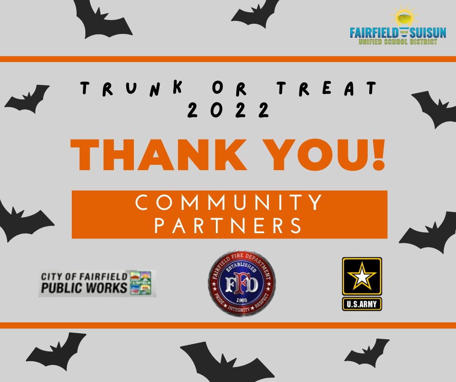 Thank you to everyone who made this year's Trunk or Treat a wonderful event! Shout out to our community partners for joining us and making it a fun night for all. 

<a href="/Fairfield/">Fairfield</a> Fire Department  @City of Fairfield, CA - Government <a href="/GoArmy/">GoArmy</a> Fairfield
