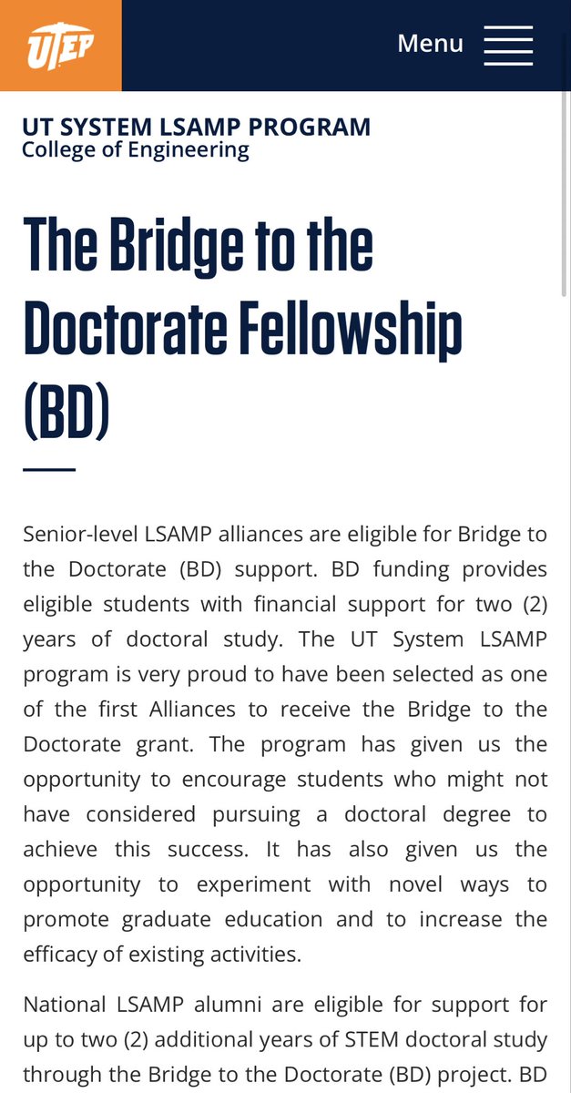 Seeking Louis Stokes #LSAMP Bridge to the Doctorate (BD) applications from eligible #UnderrepresentedMinority students planning on applying to #STEM PhD programs <a href="/UTEP/">UTEP</a> (University of Texas at El Paso) in Spring 2023 &amp; Fall 2023 semesters.
Details: bit.ly/3rGK74I

#LSMRCE