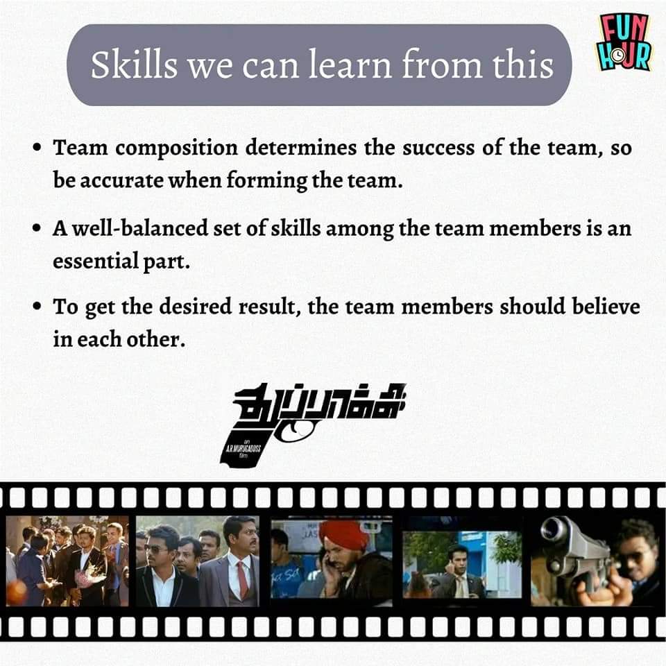 FunHourOfficial's tweet photo. Let's change the perspective of #learning and learn from #movies
We can learn teamwork skills from the movie #Thuppakki
To learn more follow @funhourofficial
#funhour #growwithfunhour #learnwithfunhour #tamilmovie #tamilcinema #thalapathyvijay #armurugadoss https://t.co/saZd8w7TOg