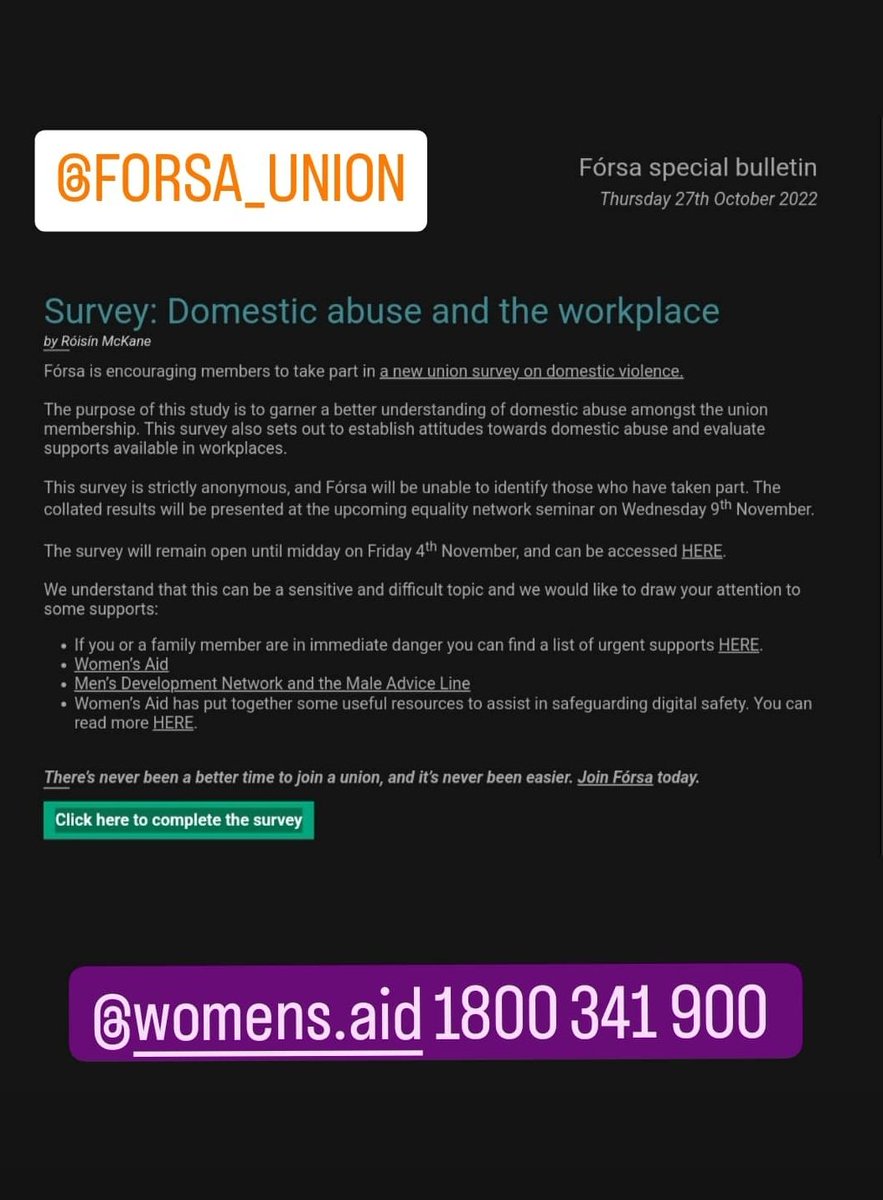 @forsa_union_ie members and staff you will have received an email with a link to complete a survey on domestic violence. Please complete the survey if you can. @Womens_Aid 1800 341 900 💜