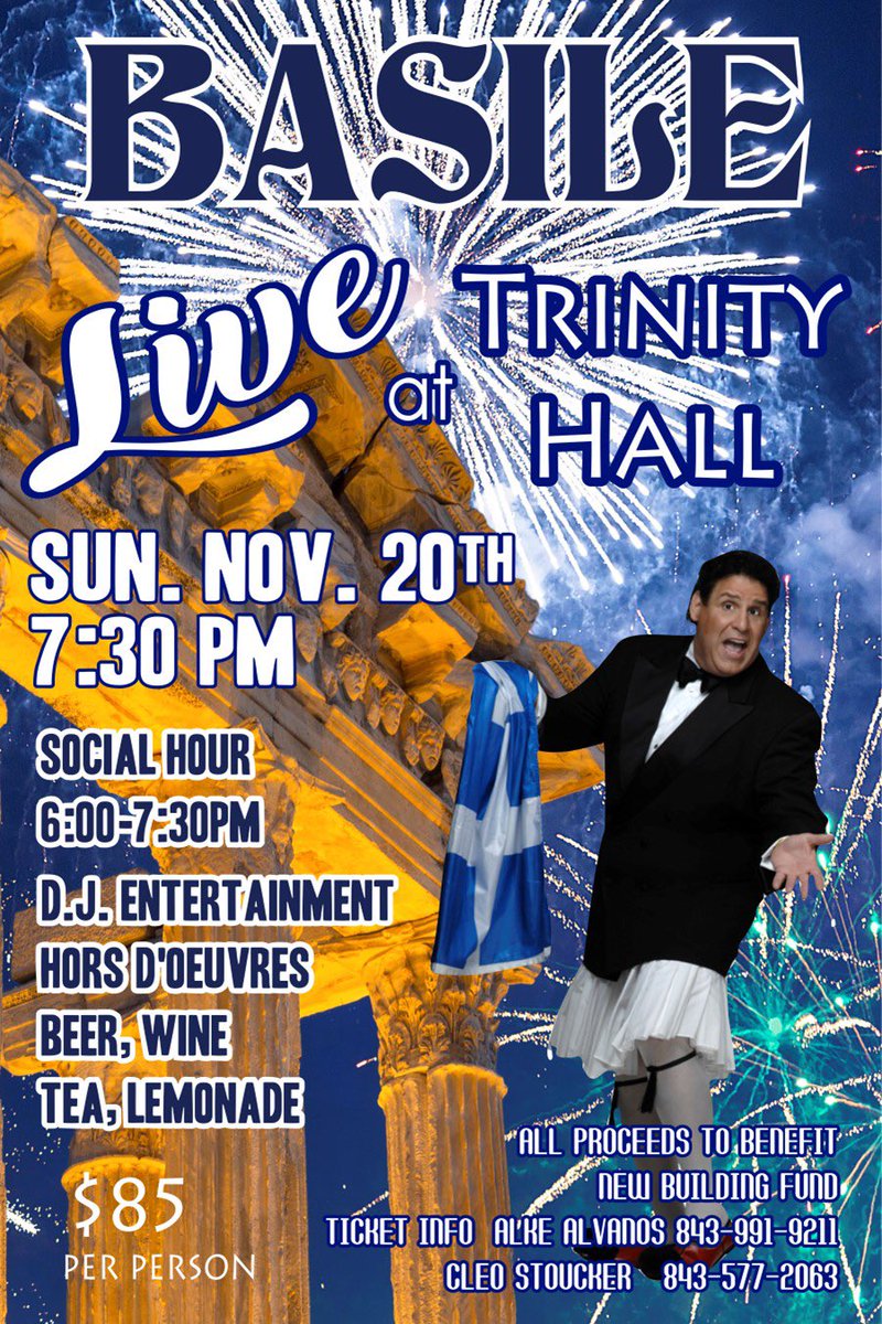 BasileComedian's tweet photo. BASILE IN CONCERT/CHARLESTON, SC
It’s a Greek Thing at Holy Trinity GO Church! Sun November 20th, 2022 at 7:30PM call Al’ke (843) 991-9211 or Cleo (843) 577-2063 Yiasou!
Join me @BasileFans
#Basile #StandUpComedy #Funny #Comedy #BasileLive #BasileOnTour
https://t.co/lwdBqmgQUw https://t.co/XTETkUzTMr
