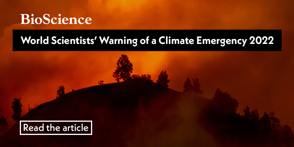 'We are now at 'code red' on planet Earth.' A team led by @WilliamJRipple and Christopher Wolf update their 'World Scientists’ Warning of a Climate Emergency' report in BioScience, revealing new data on our climate's dire health in 2022. #climatecrisis bit.ly/3Nb4mkV