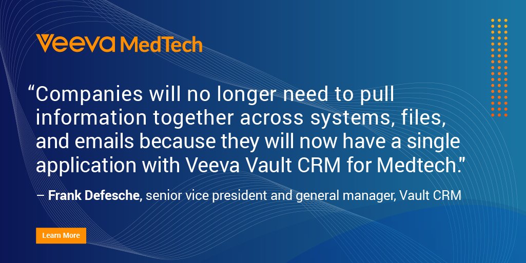 Introducing Veeva Vault CRM for Medtech—a unified CRM and content management application helping #medtech field teams streamline processes, eliminate silos, and strengthen customer relationships. Learn more: bit.ly/3TCUUZC
