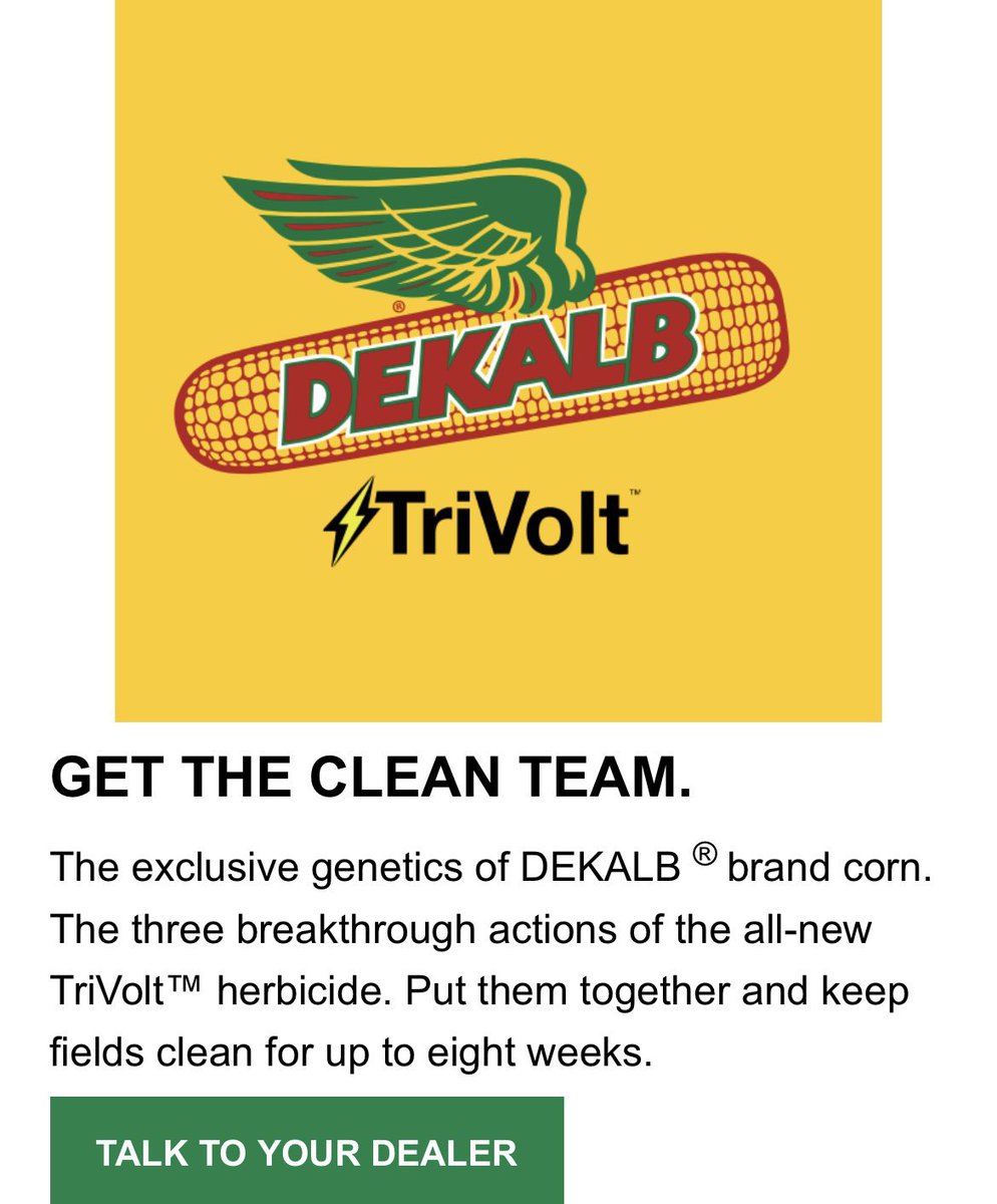 DKAS_NIN's tweet photo. #ThrowbackThursday to 2 months ago when this #DEKALB DKC62-70RIB in Montgomery Co, IN was clean as a whistle thanks to ⚡️#TriVolt⚡️. Clean fields of @Asgrow_DEKALB = high yields &amp; this one made 259.9 bu/a during #harvest22! #WinningHasRoots #BayerUp #SignsOfSuccess @CropProIN_KY https://t.co/zBAYvCxP2n