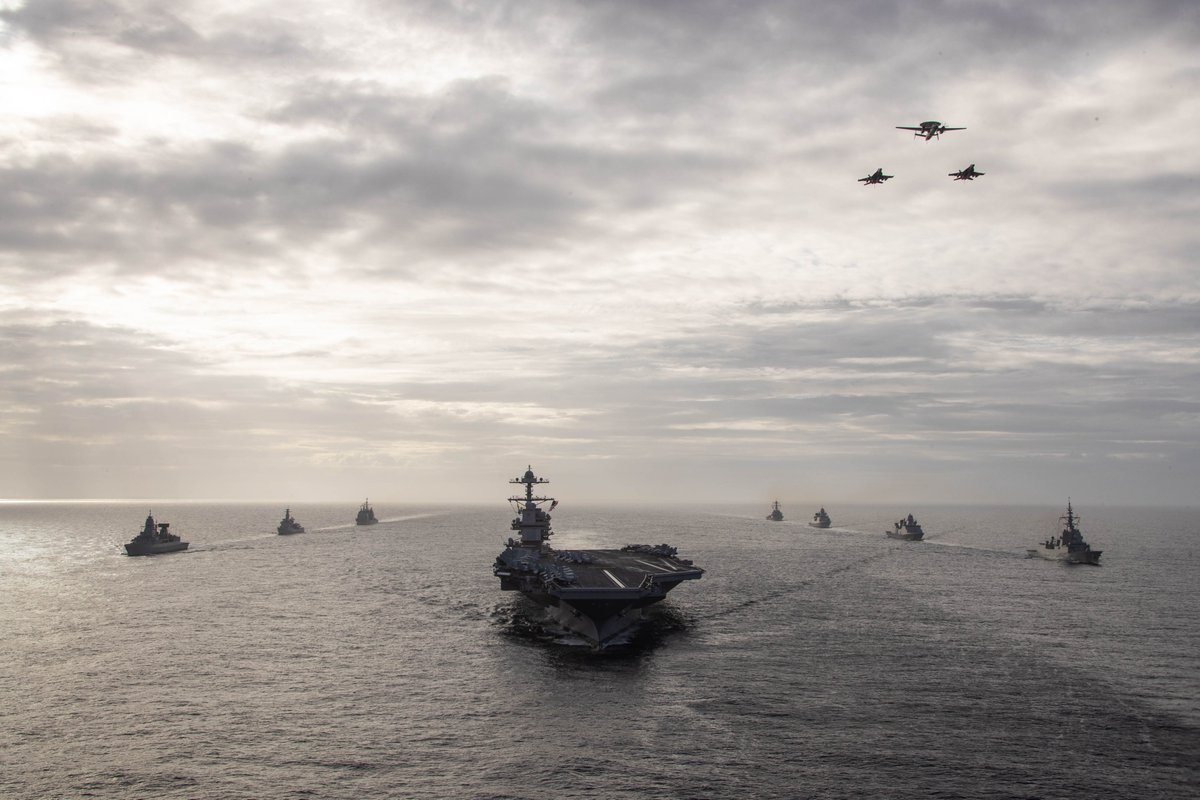 The Gerald R. Ford #Warship78 Carrier Strike Group has completed the Task Force Exercise off the🇺🇸U.S. East coast and sails in formation with #NATO Allies out of U.S. waters for the first time! 
#WeAreNATO #StrongerTogether #FirstinClass