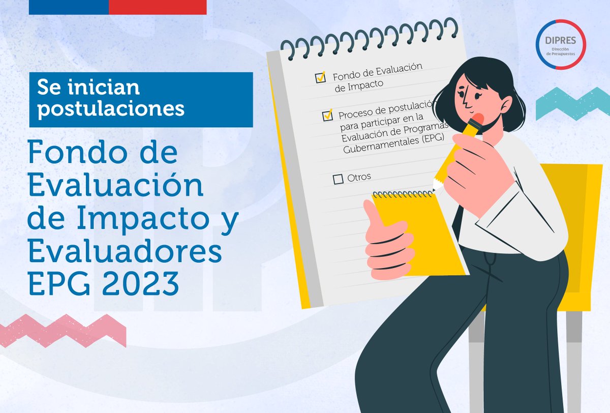 DipresChile's tweet photo. 🔴 👉[ATENCIÓN] La Dirección de Presupuestos informa la apertura de 2 procesos de postulación; revisa las bases del concurso del Fondo de Evaluación de Impacto y del proceso de Evaluadores EPG 2023. 

Accede aquí para ir a los portales de postulación 👇
https://t.co/HvpL65PCFh https://t.co/4xyYICFakE
