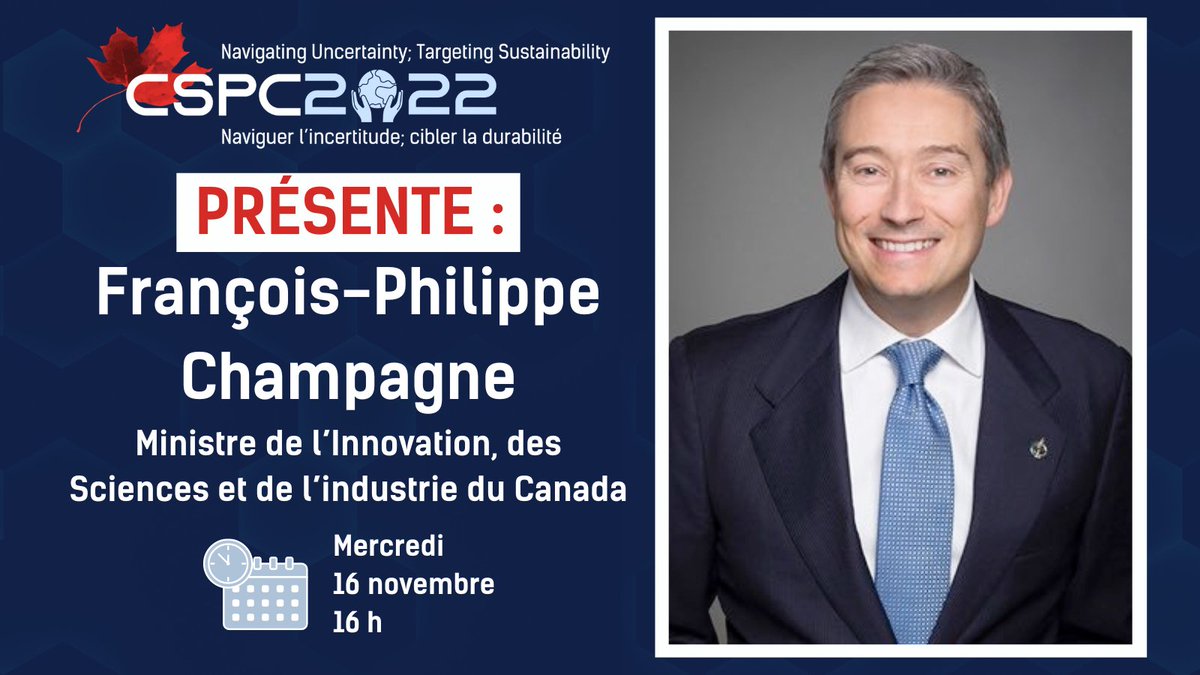 Dans le cadre de la #CPSC2022, nous nous entretiendrons avec François-Philippe Champagne, ministre de l’Innovation, des Sciences et de l’Industrie du Canada. Joignez-vous à nous le 16 novembre à 16 h! #PolitiqueScientifique #scican ✨✨✨ Plus d’info : cspc2022.ca