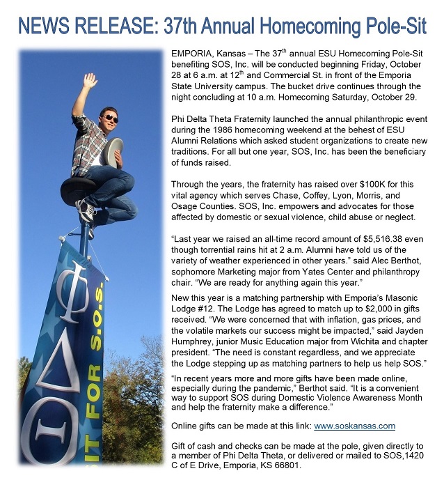 SOSKansas's tweet photo. Pole-Sit starts TOMORROW at 6am! Be sure to stop by and make a donation! Emporia Masonic Lodge #12 - 1864 is matching donations up to $2,000. This event makes a huge difference for SOS! https://t.co/R3AfjXhCfU
