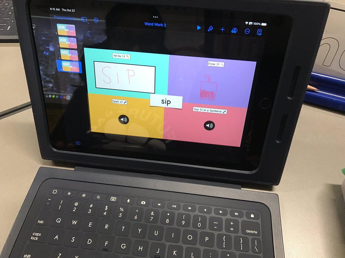 CarlyBeckITF's tweet photo. Kindergarten Ss @ForestVistaES learned about Keynote today! We use Apple Classroom to share the template and then the Ss practiced CVC words by writing, spelling, drawing, and saying the word in a sentence! #DigitalLISD https://t.co/bCeWvFrGhh