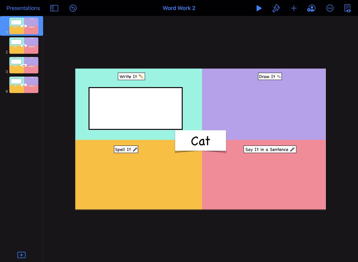 CarlyBeckITF's tweet photo. Kindergarten Ss @ForestVistaES learned about Keynote today! We use Apple Classroom to share the template and then the Ss practiced CVC words by writing, spelling, drawing, and saying the word in a sentence! #DigitalLISD https://t.co/bCeWvFrGhh