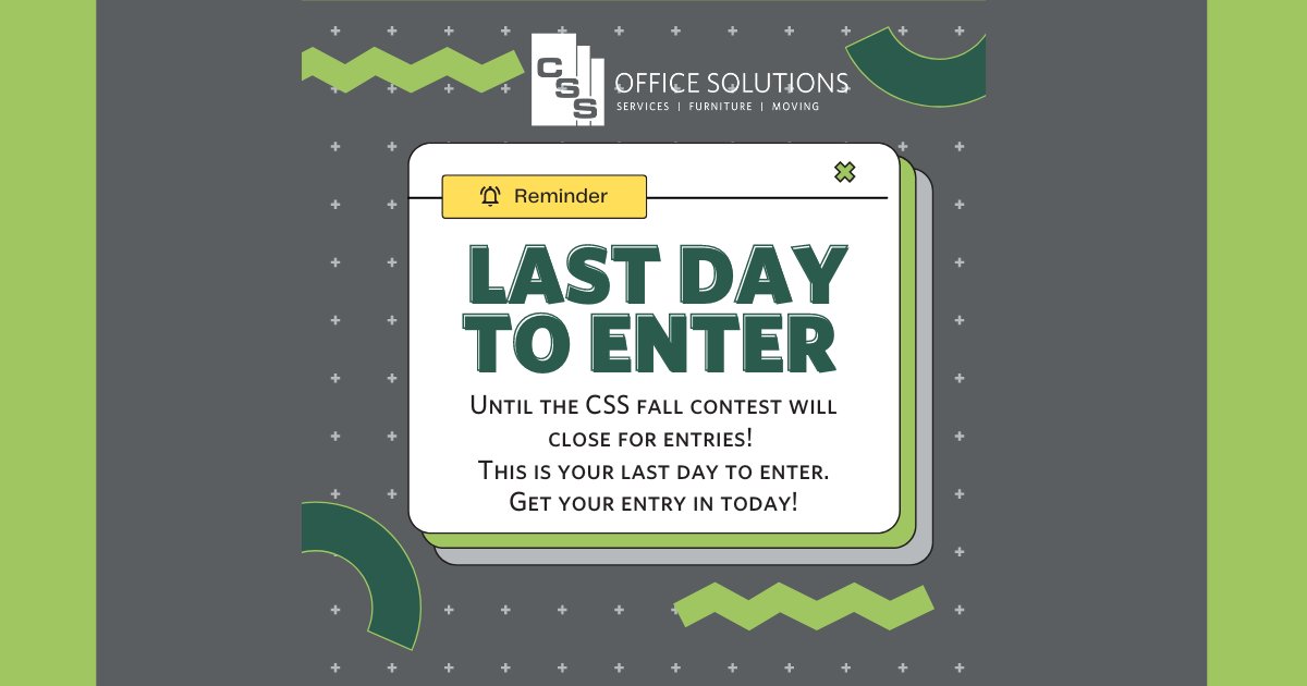 cssoffice's tweet photo. This is it! The last day to enter our Fall Contest! π²
Is your name in our list of eligible entries to have a chance to win one of the incredible prizes weβre giving away?
Stay tuned tomorrow for when we announce our lucky winners!
Will it be you?? π
#lastdaytoenter https://t.co/7s13DBBhYH