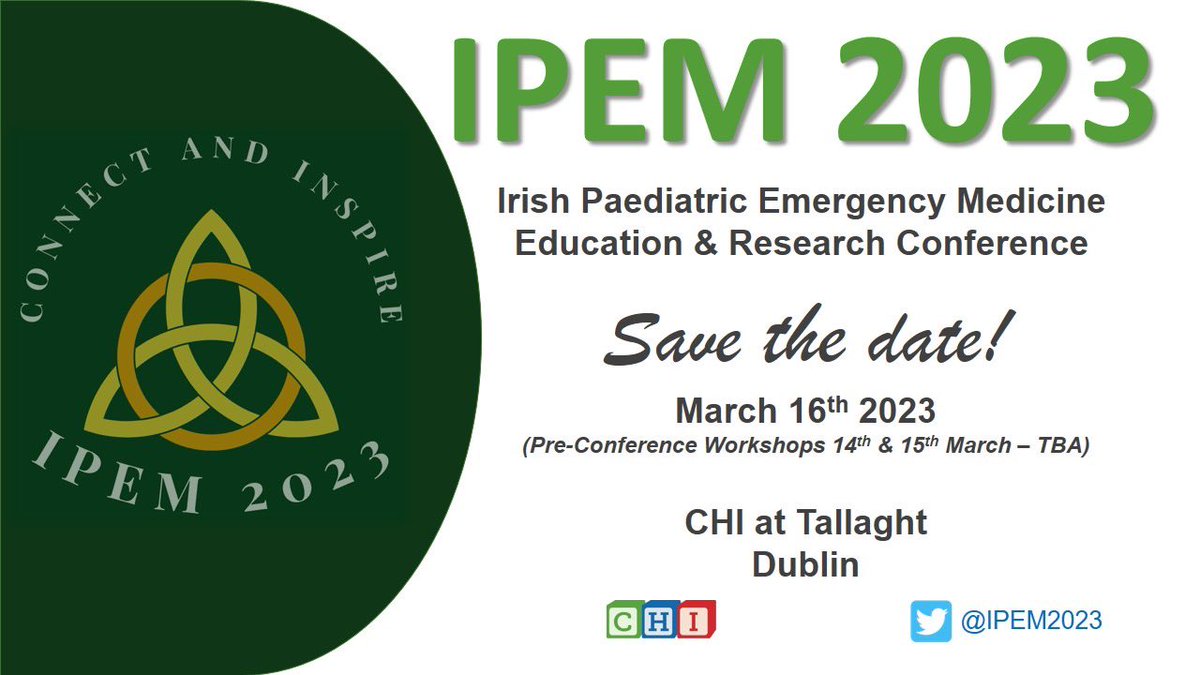 Save the Date!

Inaugural Irish Paediatric Emergency Medicine conference, aimed at all doctors, nurses and pre-hospital practitioners who manage paediatric emergencies.

More to follow.

<a href="/RCPI_news/">Royal College of Physicians of Ireland</a> <a href="/RCSI_Irl/">RCSI</a> <a href="/AmbulanceNAS/">National Ambulance Service 🇮🇪🚑</a> <a href="/DubFireBrigade/">Dublin Fire Brigade</a> <a href="/ITERN_/">ITERN</a> <a href="/RCEMLearning/">RCEMLearning</a>