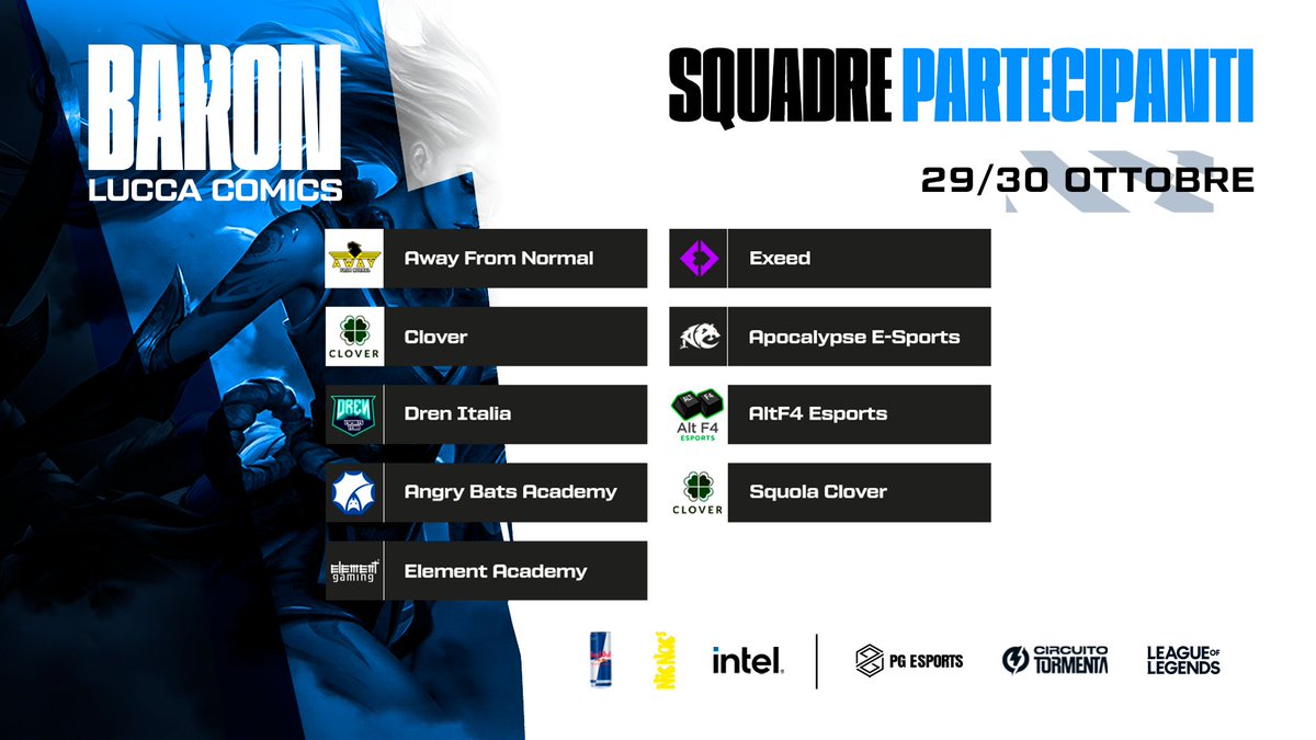 lit_official_it's tweet photo. Vi aspettiamo il 29 e 30 Ottobre al Lucca Comics per assistere dal vivo alle fasi finali del Baron, ecco le squadre qualificate!

La finale di domenica la potrete seguire comodamente anche su ➡️ https://t.co/YBCxYx3nEb 

#SiamoLaTormenta #circuitotormenta2022 https://t.co/he8ymtrbOG