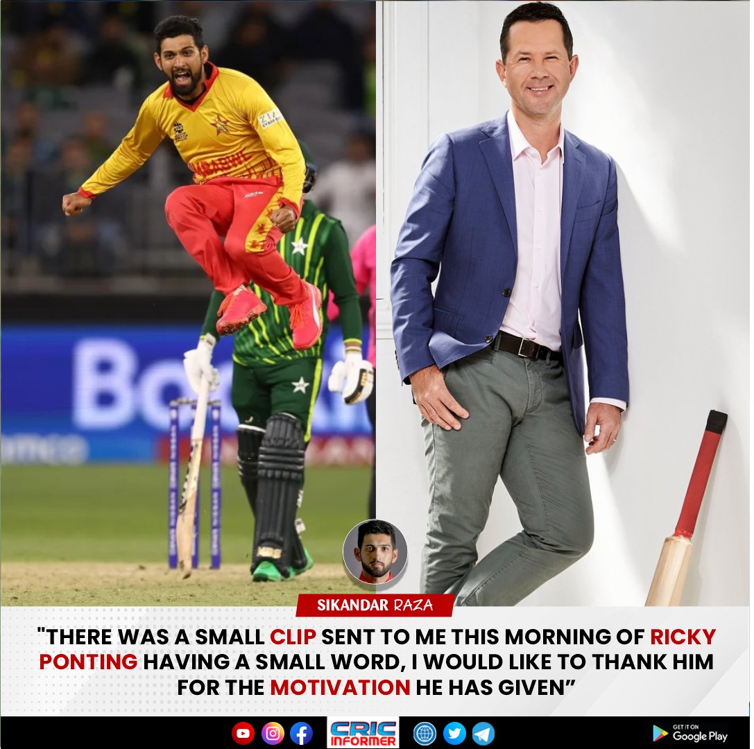 CricInformer's tweet photo. Sikandar Raza thanked to @RickyPonting for motivating him before the match against Pakistan.

#ZIMvPAK #PAKvZIM #Pakistan 
#T20WorldCup #T20CWC2022  #cricketnews #Zimbabwe https://t.co/Xp1825Qltp