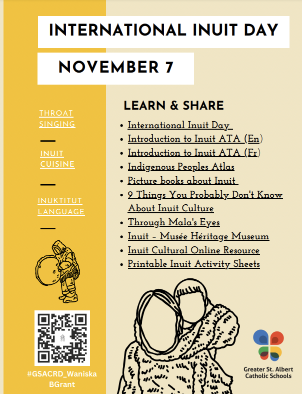 Educators! Is Nov. 7 marked on your calendars? BEFORE Fall Break? How will you honour International Inuit Day, ᐃᓄᐃᑦ ᐅᑉᓗᐊᓂ? Celebrate Inuit and amplify their voices. Links in ⬇️digital poster: tinyurl.com/bdfxrn6c #Inuit #GSACRD_Waniska #IndigenousEducationEveryday