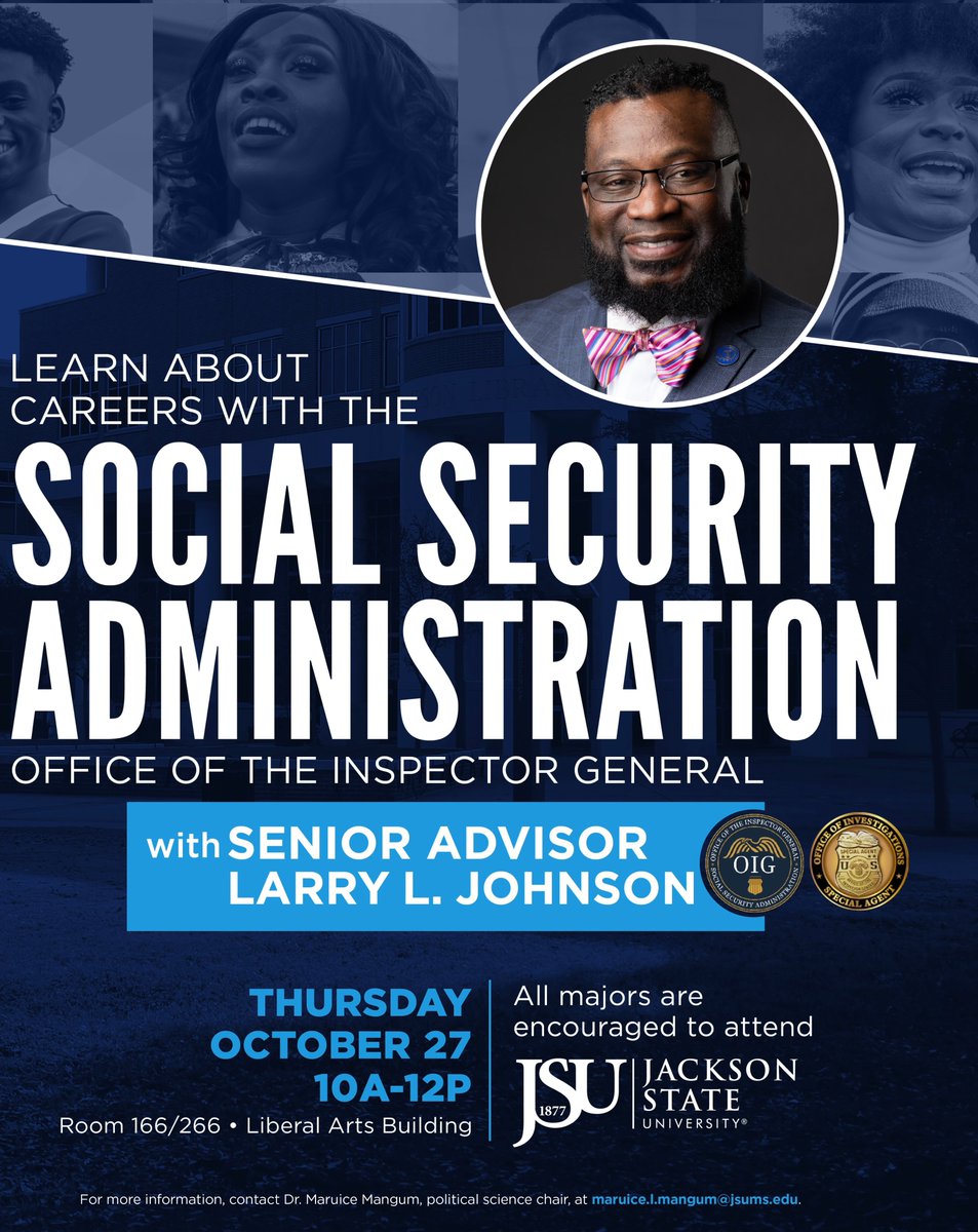 Dear Students,
 
Come get a job. The Social Security Administration is hiring and they are looking for JSU students. The event is Today, October 27 at 10am in Room 166/266 Liberal Arts Building.  Please attend and encourage others to attend. The event is starting NOW!