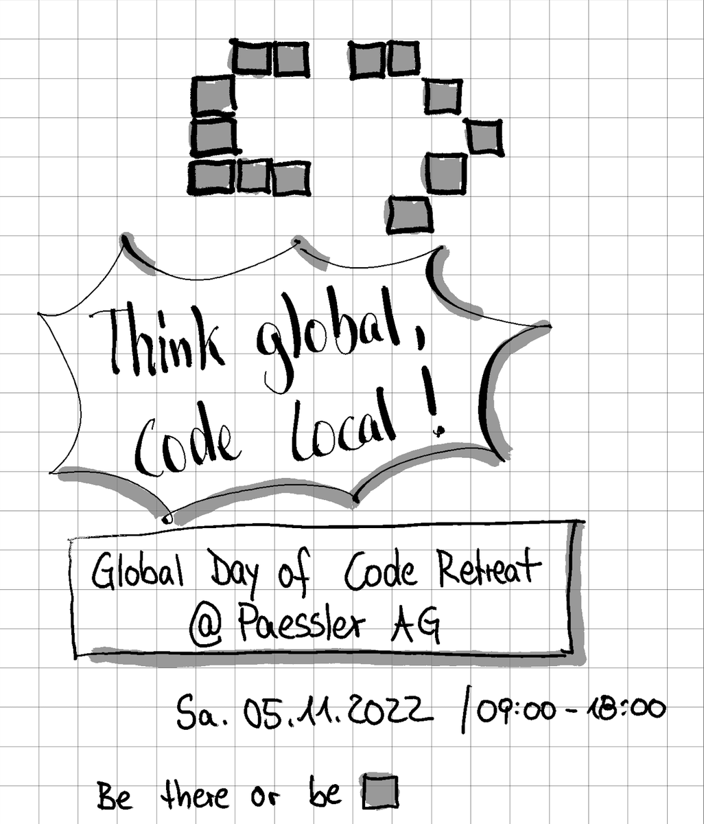 Think global, code local!
--
We at @paesslerAG will host the  "Global Day of Code Retreat" in Nuremberg on Saturday Nov 05th.
A day full of pair programming, learning and networking.
Hope to see you there.
Register (free): ti.to/gdcr-nbg/2022
cc @KanbanKerstin
#GDCR #GDCR2022