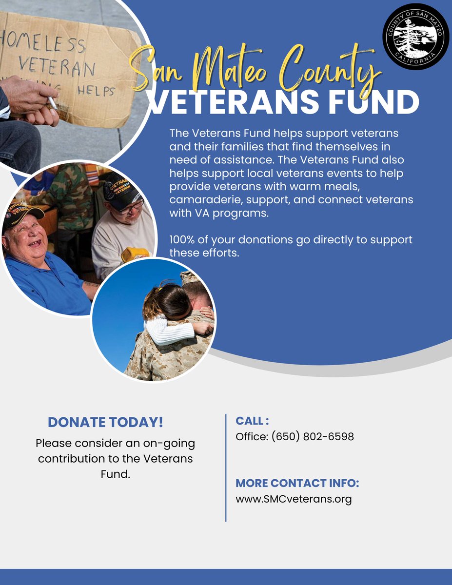 Thinking about donating to help veterans? Donate to the San Mateo Veteran's Fund today and help a veteran in need. We will be at the Charitable Campaign Kickoff at the Redwood City County Center from 10a-1p. There will be Halloween festivities along with other great charities!