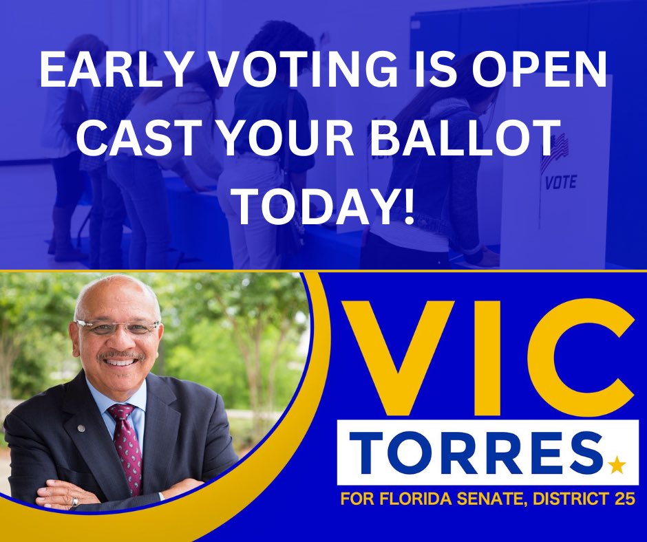 Beat the lines! Early voting is open and available at many sites. Click the link to find a location near you:
ocfelections.com/find-my-pollin…

I am excited to continue to support my community as I always have as your District 25 Florida Senator!

#victorres #victortorres #torresforsenate