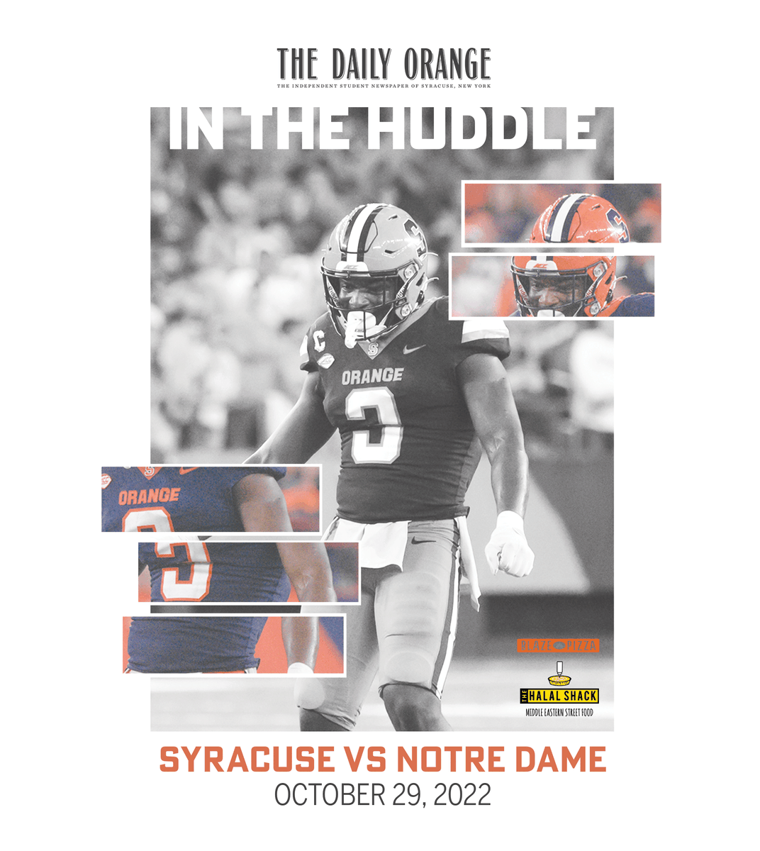 In the huddle: This Saturday, No. 16 Syracuse is facing Notre Dame in a sold out JMA Wireless Dome. The Orange are looking to improve their record to 7-1 and rise through the AP poll rankings. Design by Morgan Sample, photo illustration by Morgan Sample and Meghan Hendricks.