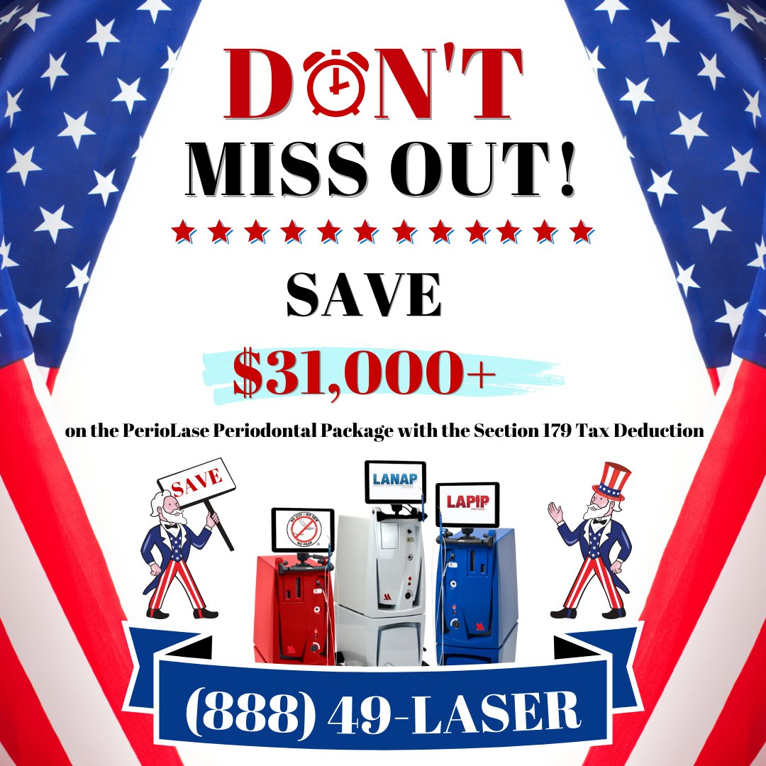 PerioLase4LANAP's tweet photo. Save over $31,000 on the PerioLase Periodontal Package with the Section 179 tax deduction. The deduction applies to new or used equipment financed/purchased & put into service by 12/31/22. Don't miss out on this great deal - call us at (888) 49-LASER to get started! #LANAP #LAPIP https://t.co/7Nw6v4897f