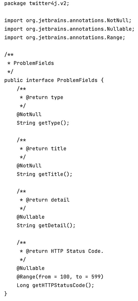 yusuke's tweet photo. こんなJSON SchemaからこんなJavaコードを生成できるようになった。🌀Rangeや🌀Nullable、🌀NotNullアノテーションもついて静的解析も捗る。
#Twitter4J の Twitter API v2サポートに使う予定 https://t.co/2c9YWbBCse