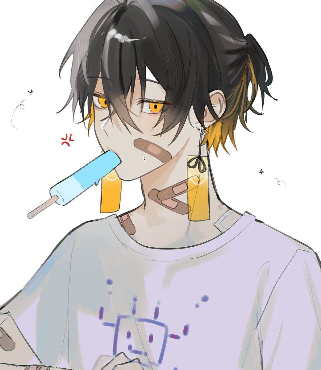 1boy bandaid male focus solo black hair food jewelry  illustration images