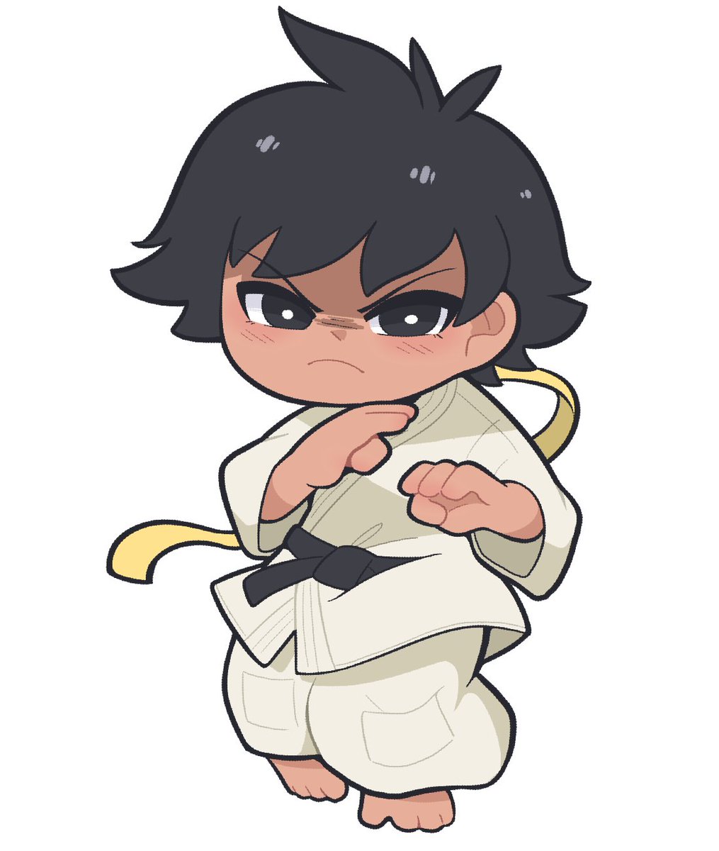 makoto (street fighter) 1girl solo black hair chibi dougi short hair barefoot  illustration images