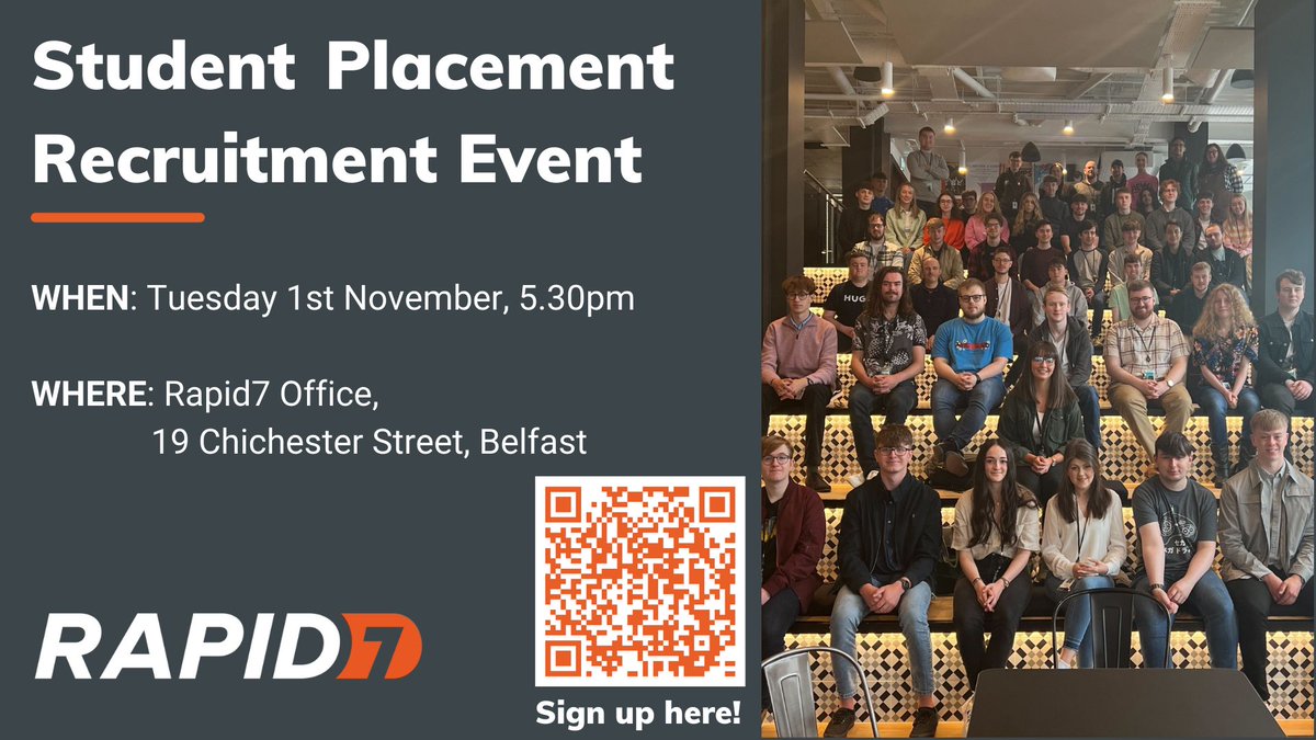 Rapid7 is hosting a Placement Recruitment Event on Tuesday 1st November, 5.30pm. This is an excellent opportunity for students who are seeking their placement year to come along and hear more about Rapid7.

Grab your ticket today:  bit.ly/3ELm24G