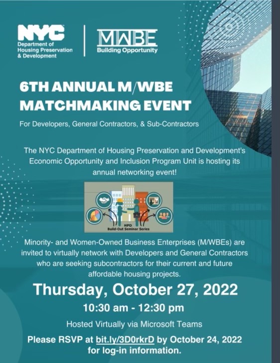 doningnon's tweet photo. Join us to the NYC DEPT OF HOUSING PRESERVATION AND DEVELOPMENT' s 6th Annual M/WBE Networking Event for Developers, GC's and Sub-Contractors on October 27, 2022, 10:30 AM – 12:30 PM EDT #NYSMWBE  #mwbe #hpde #subcontractors #diversityequityinclusion #generalcontractor #housing https://t.co/oTaSOoKh8I