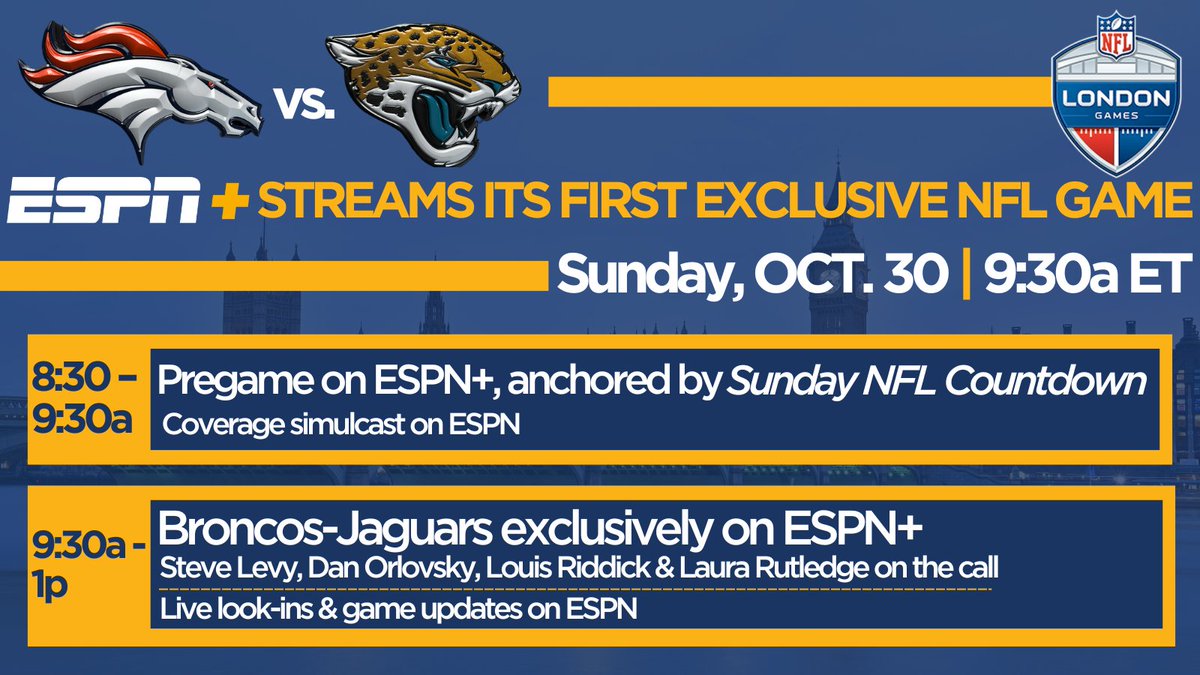 ESPNPR's tweet photo. This weekend, #NFL Sunday begins on ESPN+ for the 1st time ever - at 9:30a ET

🇬🇧 #DENvsJAX live from London - @ESPNPlus' 1st exclusive NFL game
⏰ Pregame coverage begins 8:30a ET | ESPN+, ESPN
🏈 Live look-ins &amp; game updates on ESPN

More: https://t.co/DY5OYMhPJy | #NFLUK https://t.co/v1tctRere8