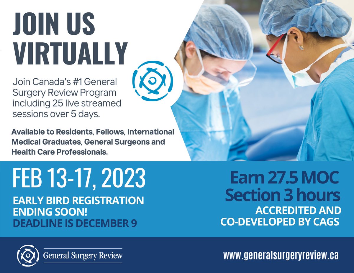 Join us at the General Surgery Review Program February 13-17, 2023 and earn 27.5 MOC Section 3 hours. For more information: generalsurgeryreview.ca #generalsurgeon #generalsurgery #GeneralSur #education #PGY5