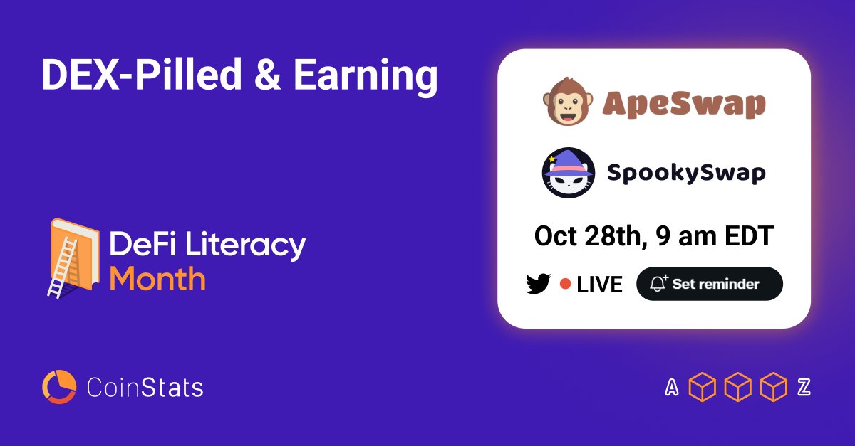 Closing off the DeFi Literacy Month with a banger 💥

@Ape_Swap &amp; <a href="/SpookySwap/">SpookySwap💥</a> will join us tomorrow to talk about navigating a DEX. From adding tokens to understanding what an AMM is.

Set a reminder: x.com/i/spaces/1RDGl…