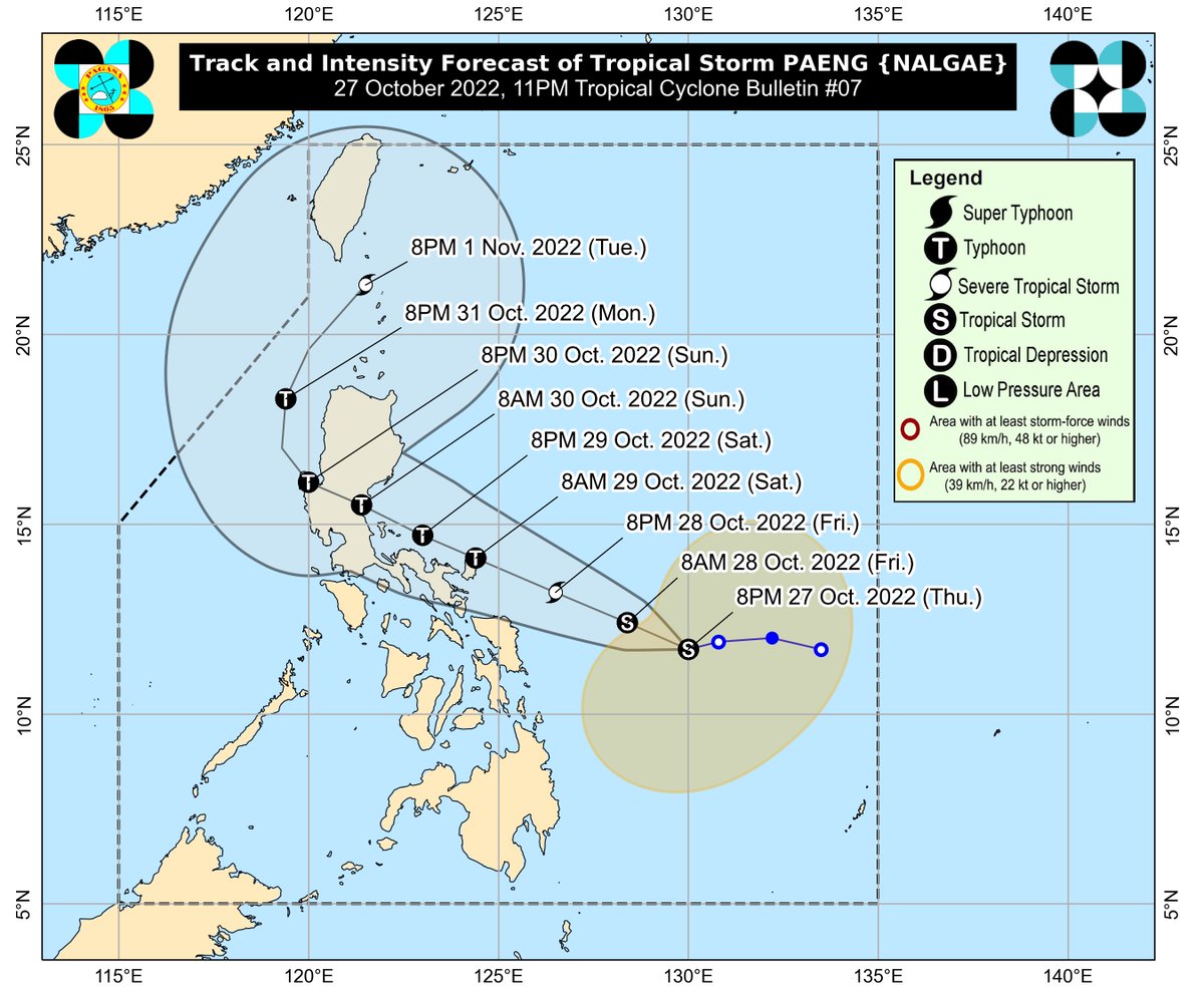 dost_pagasa's tweet image. TROPICAL CYCLONE BULLETIN NO. 7
Tropical Storm #PaengPH (NALGAE)
Issued at 11PM, 27 October 2022
Valid for broadcast until the next bulletin at 5AM tomorrow

“PAENG” CONTINUES TO MAINTAINS ITS STRENGTH AND IS NOW MOVING SLOWLY WESTWARD

DOST-PAGASA
bit.ly/3RQj55J