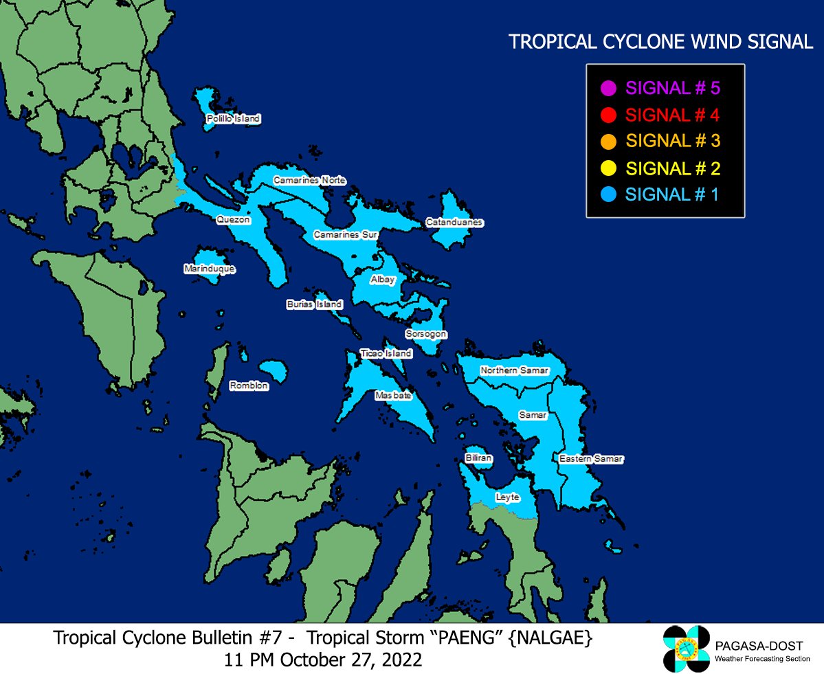 dost_pagasa's tweet image. TROPICAL CYCLONE BULLETIN NO. 7
Tropical Storm #PaengPH (NALGAE)
Issued at 11PM, 27 October 2022
Valid for broadcast until the next bulletin at 5AM tomorrow

“PAENG” CONTINUES TO MAINTAINS ITS STRENGTH AND IS NOW MOVING SLOWLY WESTWARD

DOST-PAGASA
bit.ly/3RQj55J