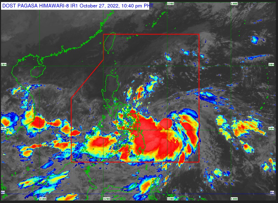 dost_pagasa's tweet image. TROPICAL CYCLONE BULLETIN NO. 7
Tropical Storm #PaengPH (NALGAE)
Issued at 11PM, 27 October 2022
Valid for broadcast until the next bulletin at 5AM tomorrow

“PAENG” CONTINUES TO MAINTAINS ITS STRENGTH AND IS NOW MOVING SLOWLY WESTWARD

DOST-PAGASA
bit.ly/3RQj55J
