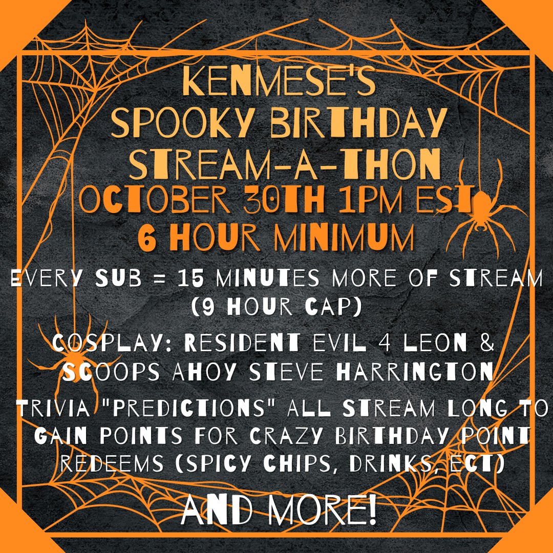 KenMese_'s tweet photo. This is going to be a blast! 
My birthday is on Halloween but we're celebrating a day early!
Wait until you see these crazy point redeems yall! 🕸🕷👻🎃
#twitch #birthday #event #halloween #stream https://t.co/no0LAXtAQD
