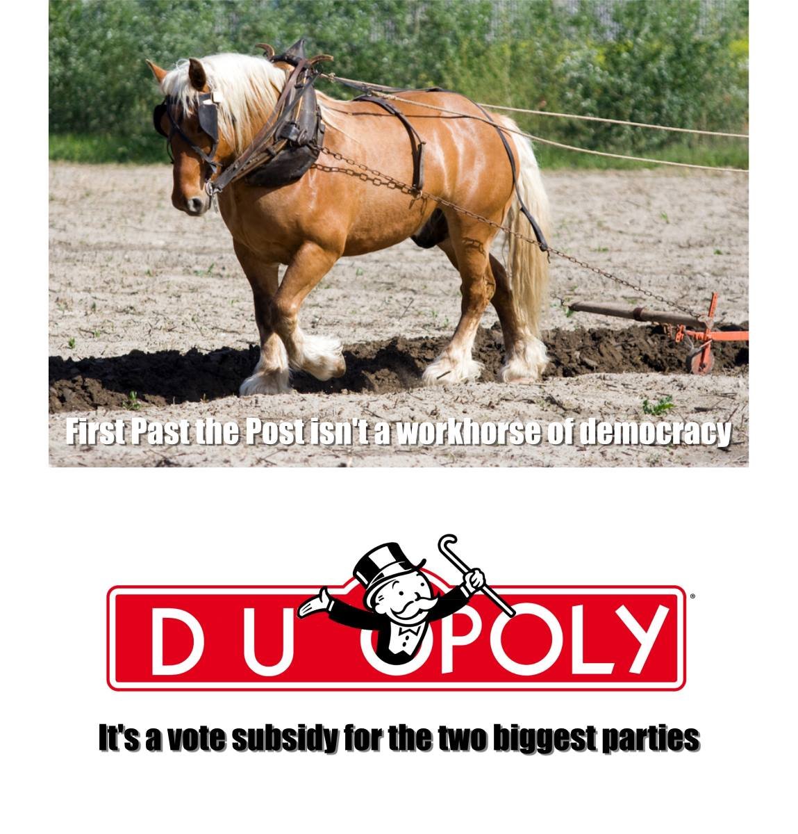TheBrenRG's tweet photo. FPTP = Funnelling People to Two Parties #ProportionalRepresentation https://t.co/lZFc9Ai2YM