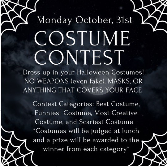 Dress up in your Halloween costumes on Monday for our costume contest! NO WEAPONS (even fake), MASKS, OR ANYTHING THAT COVERS YOUR FACE! Prizes will be awarded to the winners from each category! @tauntonhstigers <a href="/THS_MsDermody/">Ms. Caitlin Dermody</a>