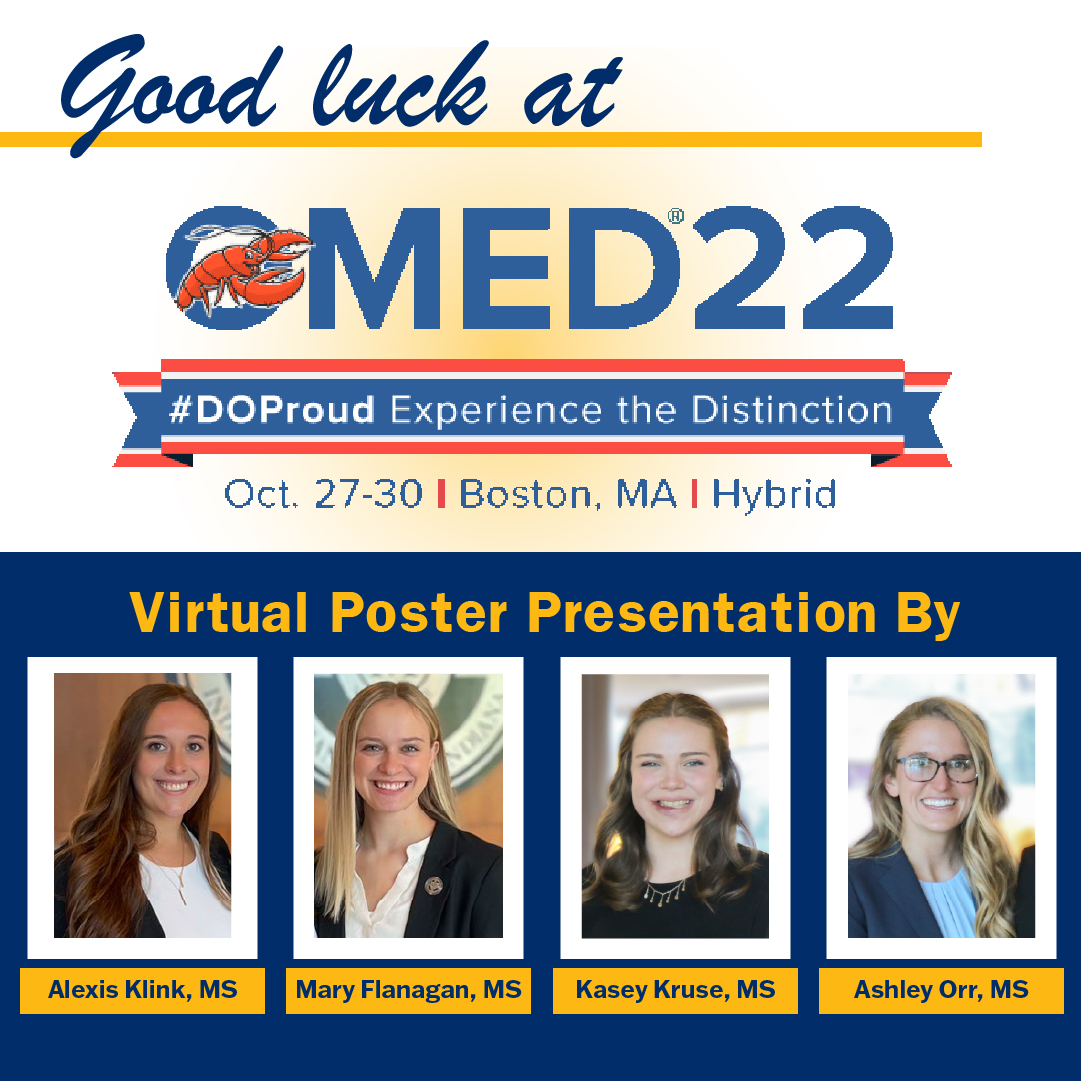 *Correction* Good luck to student doctors Alexis Klink, Mary Flanagan, @kaseymkruse, and @AshleyDaniel__ as they present on the @MarianUniv #HealthcareCamp *Friday at @AOAforDOs #OMED22 Virtual Student Doctor Poster Competition. Wish them luck! #DOproud #AOAinAction