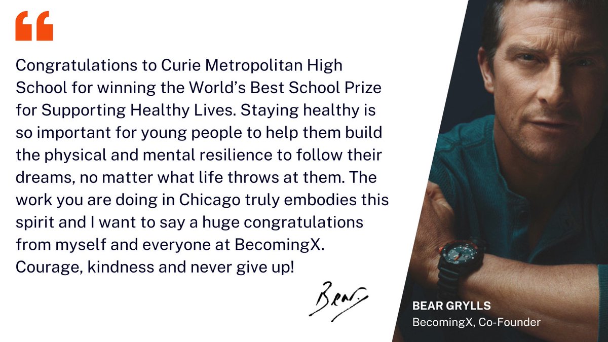 T4EduC's tweet photo. Amazing to see @BearGrylls, Co-Founder of @BecomingXteam, congratulate @CurieHS for winning the World’s #BestSchoolPrize for Supporting Healthy Lives.

A huge congratulations, once again, to Curie High School for their big win!

#StrongSchools https://t.co/iV6eveiw6M