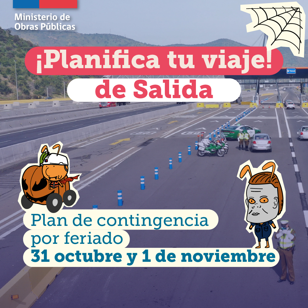 mop_chile's tweet photo. 🔴FIN DE SEMANA LARGO: Si vas a salir de Santiago durante este fin de semana XL, conoce el plan de contingencia en las principales carreteras que conectan la Región Metropolitana.

⚠️Se espera que viajen más vehículos que en Fiestas Patrias.

Infórmate y #PlaficaTuViaje⤵️
🧵1/4 https://t.co/x9FoWiKXV4