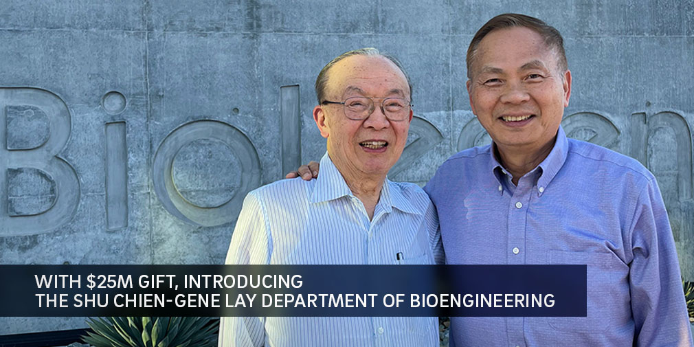 UCSDJacobs's tweet photo. Thanks to a $25M gift from biotech innovator and entrepreneur Gene Lay through the Laygend Foundation, we are proud to introduce the Shu Chien-Gene Lay Department of Bioengineering at @UCSanDiego! The new name honors Lay’s mentor, beloved Prof. Shu Chien: https://t.co/lnKJVGdl3p https://t.co/wXIIUw4Dzm