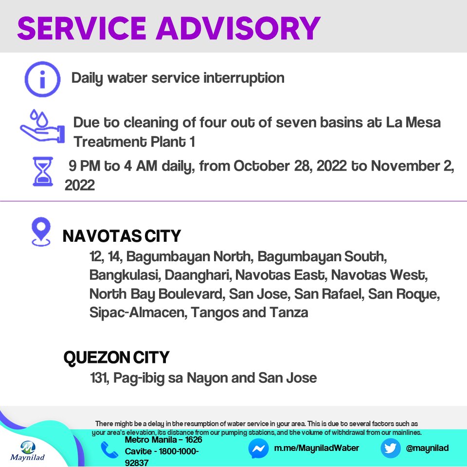 maynilad's tweet photo. Our customers in portions of Caloocan City, Makati City, Malabon City, Manila, Paranaque City, Pasay City, Quezon City, Valenzuela City, will experience daily water service interruptions from <1/7> https://t.co/TlcybWXjhC