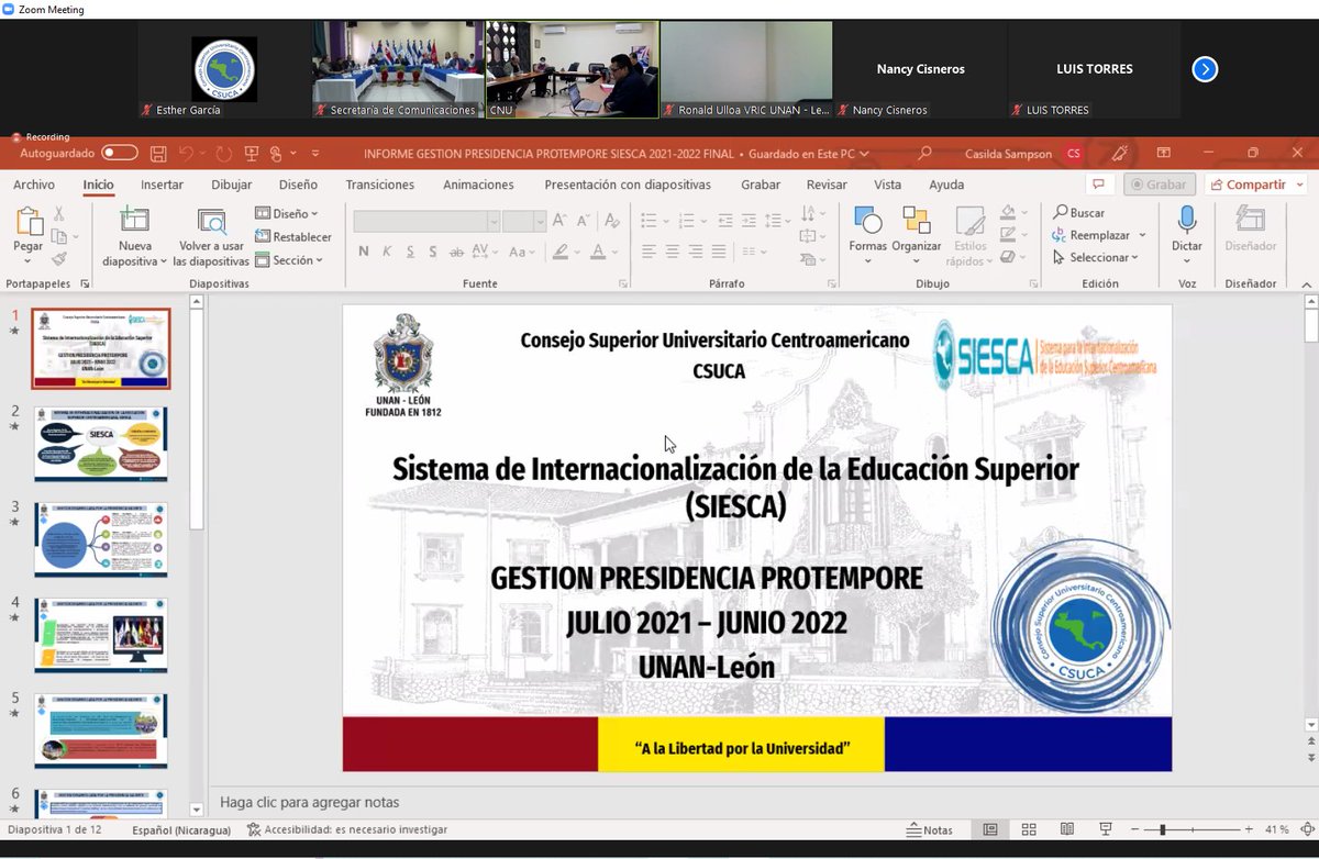 SGCSUCA's tweet photo. Presentación de la gestión de la presidencia protempore durante el período julio 2021 a junio de 2022 por parte de Rafael Ángel Sánchez y Ronald Ulloa de UNAN León Universidad Nacional Autónoma de Nicaragua, en el marco de la XIX Sesión Ordinaria de #SIESCA https://t.co/Ep1Qk6hITB