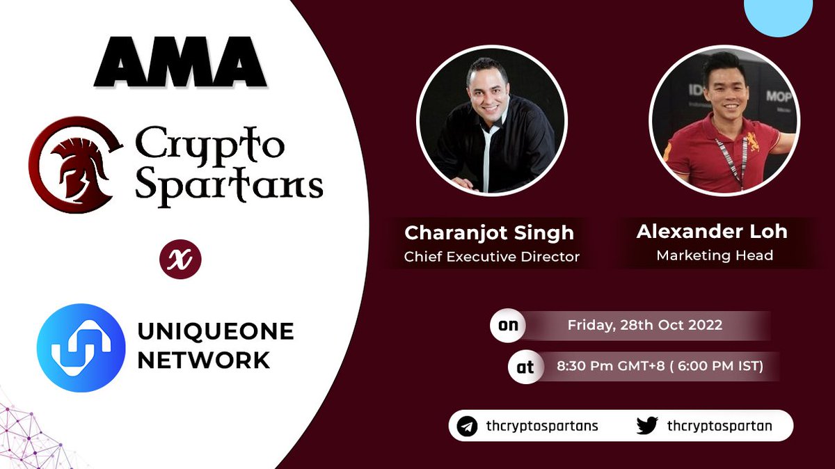 🤺CryptoSpartans will host #AMA with <a href="/UniqueOne_UO/">Unique.One</a>

⏳Date: 28th October, 6:00 PM IST (8:30 PM GMT +8) 
💰Rewards: 100$ #Giveaway

Rules:
1. Only 1 question per account
2. Like, RT &amp; Tag 2 friends
3. Follow <a href="/UniqueOne_UO/">Unique.One</a> &amp; <a href="/THCryptospartan/">CryptoSpartans</a>
4. Mention #SpartanArmy