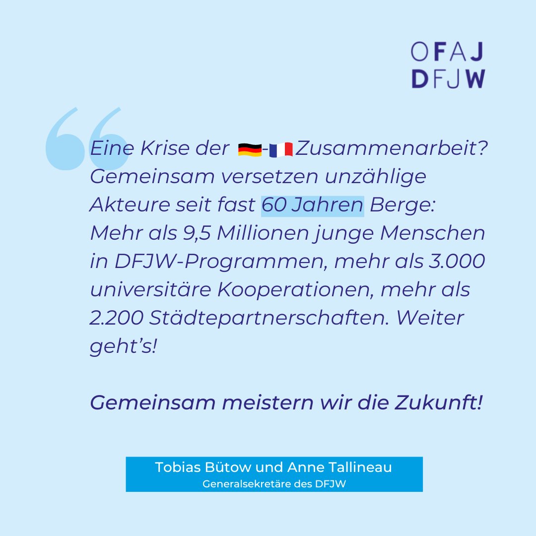 Eine Krise der 🇩🇪🇫🇷 Zusammenarbeit? Gemeinsam versetzen unzählige Akteure seit fast #60Jahren Berge: Mehr als 9,5 Millionen junge Menschen in DFJW-Programmen, über 3.000 universitäre Kooperationen &amp; 2.200 Städtepartnerschaften. Weiter geht’s! Gemeinsam meistern wir die Zukunft.🇪🇺