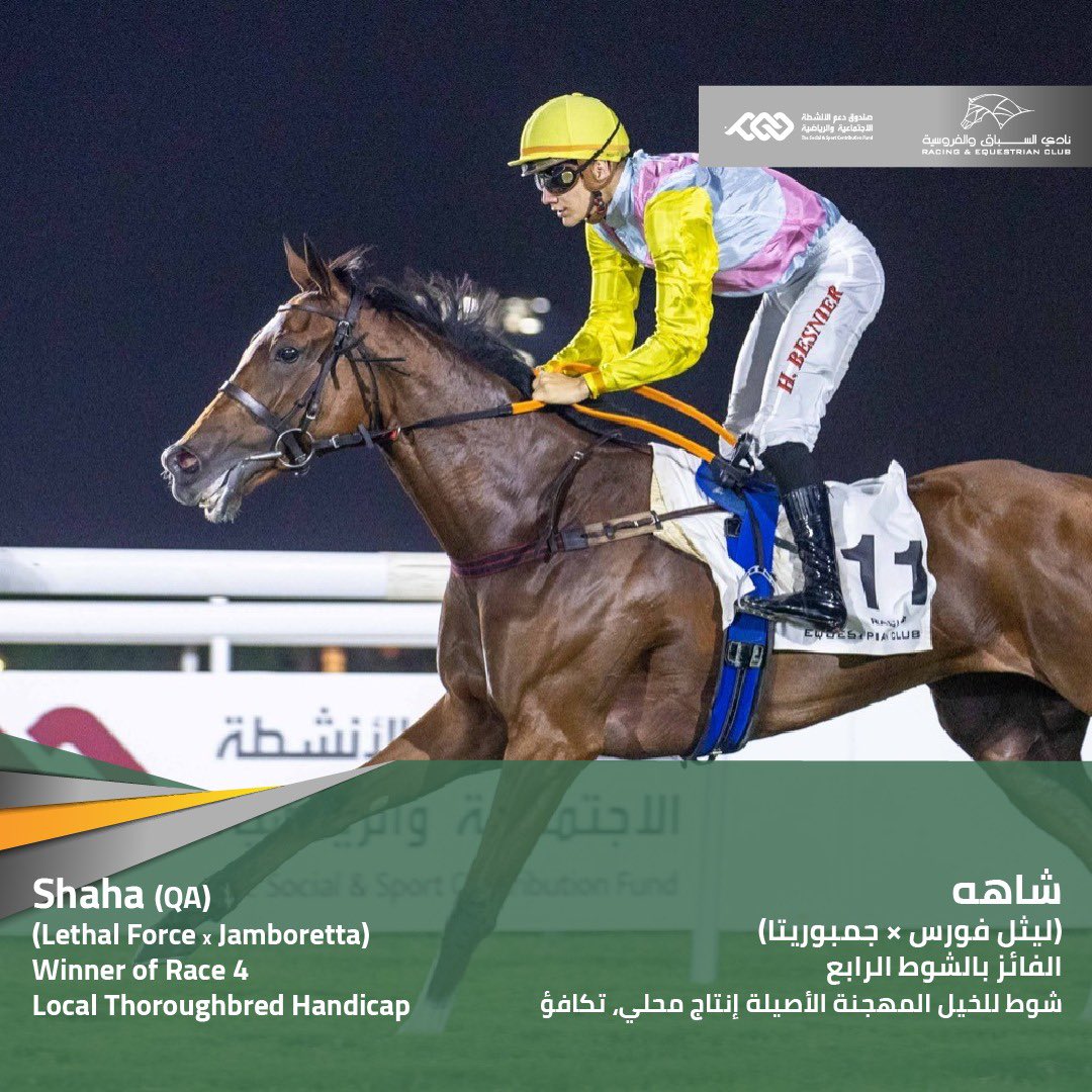 Trainer Hamad Al Jehani and jockey Hugo Besnier teamed up for a quick-fire double through Shaha (QA) (Lethal Force x Jamboretta), who won a 1600m Handicap (65-85) for 3YO+ Local Thoroughbreds by 1½ lengths in the colours of Al Rabban Racing. #DohaQatar #الدوحة_قطر #horseracing