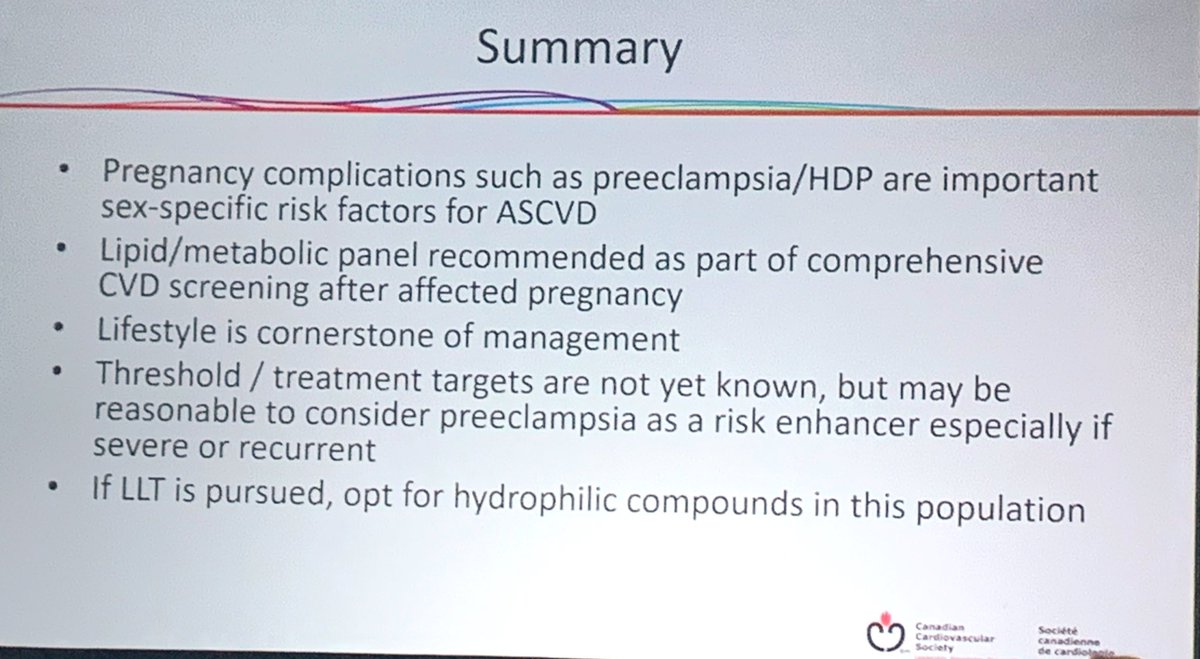 Excellent review of recent @SCC_CCS Lipid Guidelines #CCCongress 🔑 take aways ✅ Everyone needs lipoprotein (a) done once; >60 mg/dL ⬆️risk so treat ✅if TG>1.5 mmol/L, cannot use LDL thresholds to guide Rx- use apoB, nonHDL ✅preeclampsia is a CV risk enhancer @CWHHAlliance